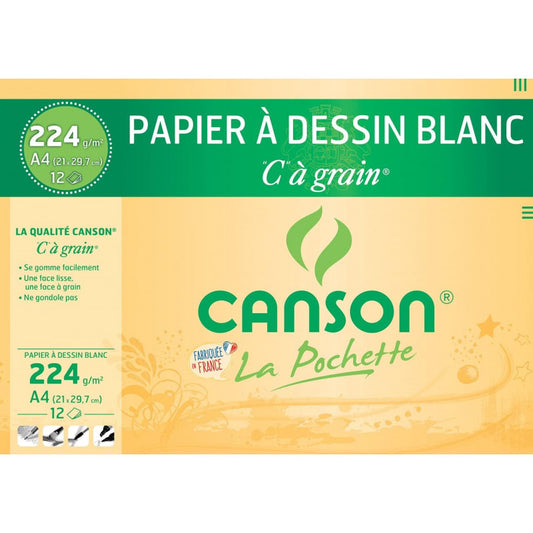 CANSON "COULEUR" à Grain - Pochette 12 feuilles de papier dessin A4 - 224g/m² - Blanc
